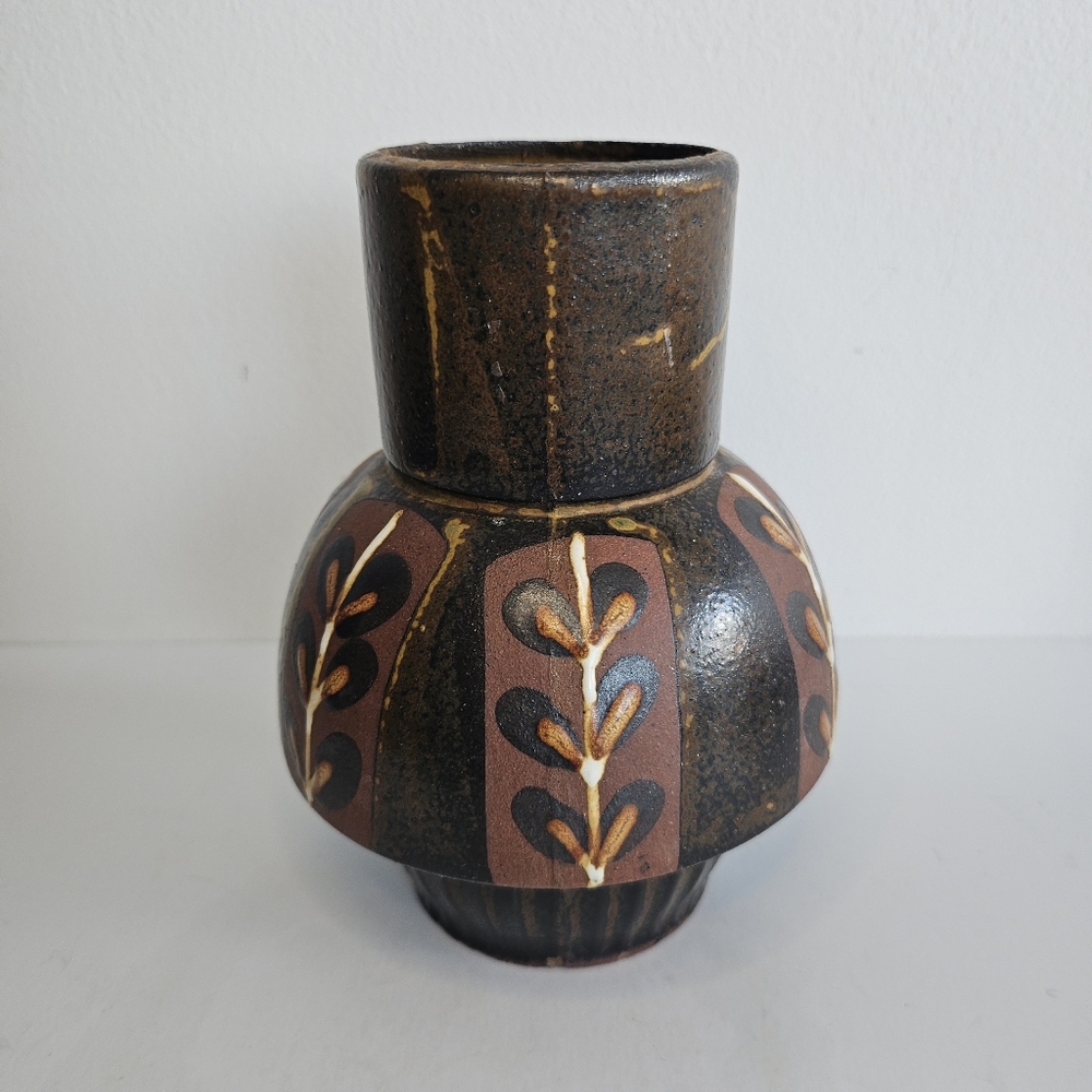 Vintage Japanese Ceramic Vase Earth Tones Ribbed Base Leaves